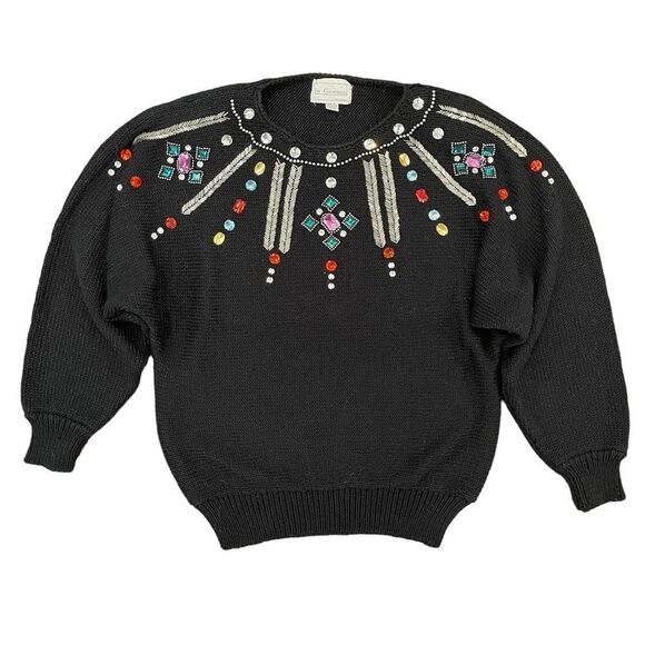 Vintage Jewelled Christmas Sweater Beads Rhinestones Shoulder Pads Women's L - Picture 1 of 12